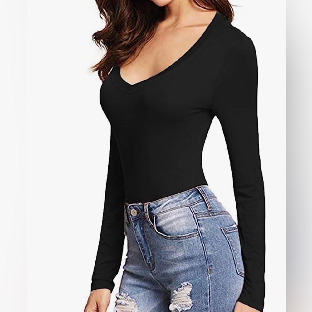 Mango pop black long sleeve deep v body suit